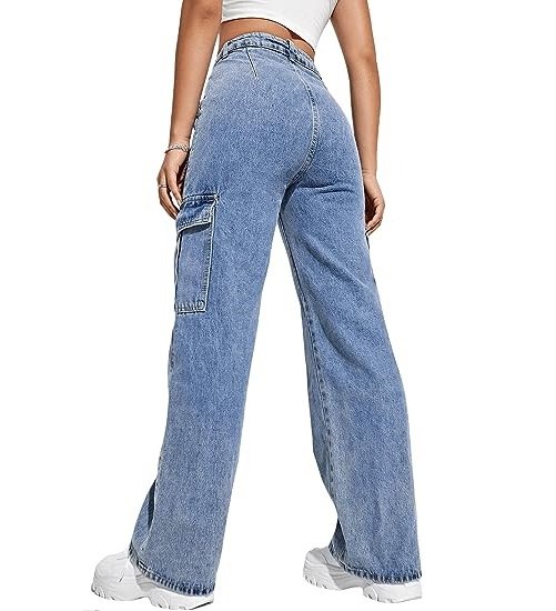 Women's High Waist Cargo Jeans Flap Pocket Wide Leg Denim Pants