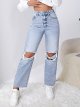 Women's High Waist Straight Leg Ripped Jeans Distressed Denim Pants